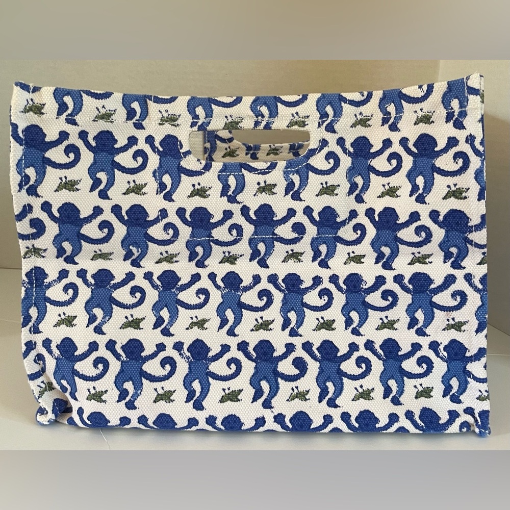 NWOT Roberta Roller Rabbit Blue Monkey Print Canvas Storage Box Bag Small